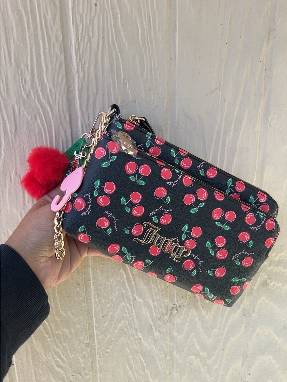Juicy Couture Black Cherry Print Zip Wristlet with Pom Charm